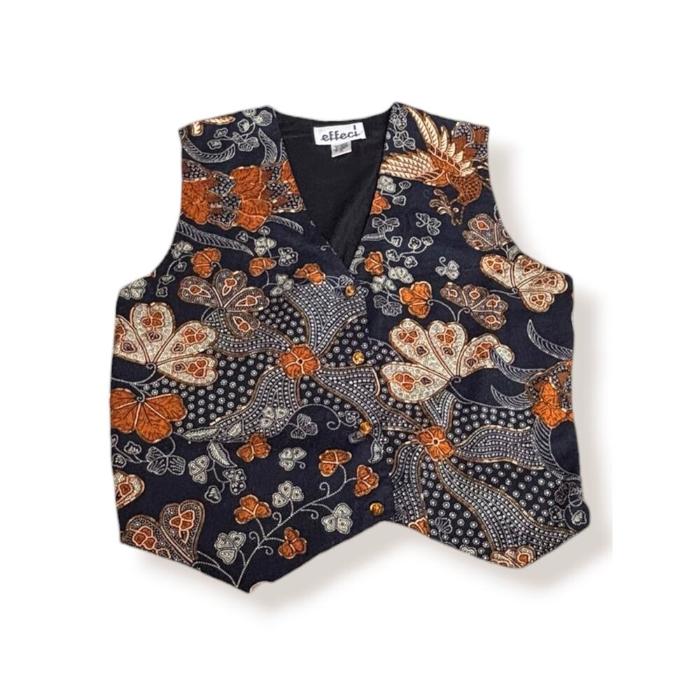 Vintage 90s Effeci Beaded Vest Navy Blue Orange‎ Bird Floral Cotton Medium Boho